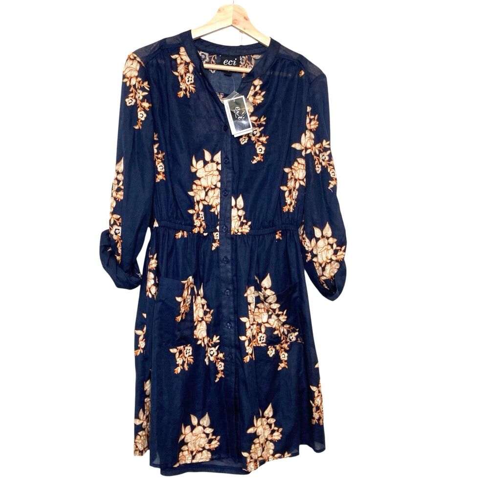 ECI Embroidered Floral Shirt Dress Size 10 Black Button Front Long Sleeve NWT